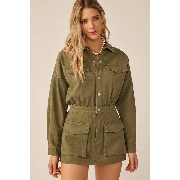 idem ditto Mara Utility Denim Jumper Long Sleeve Shorts Romper Olive Green NEW - Picture 1 of 8